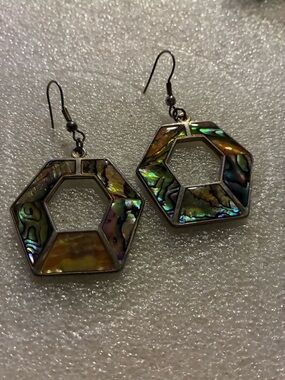 Hexagon Abalone Shell Drop Earrings - Iridescent Colors